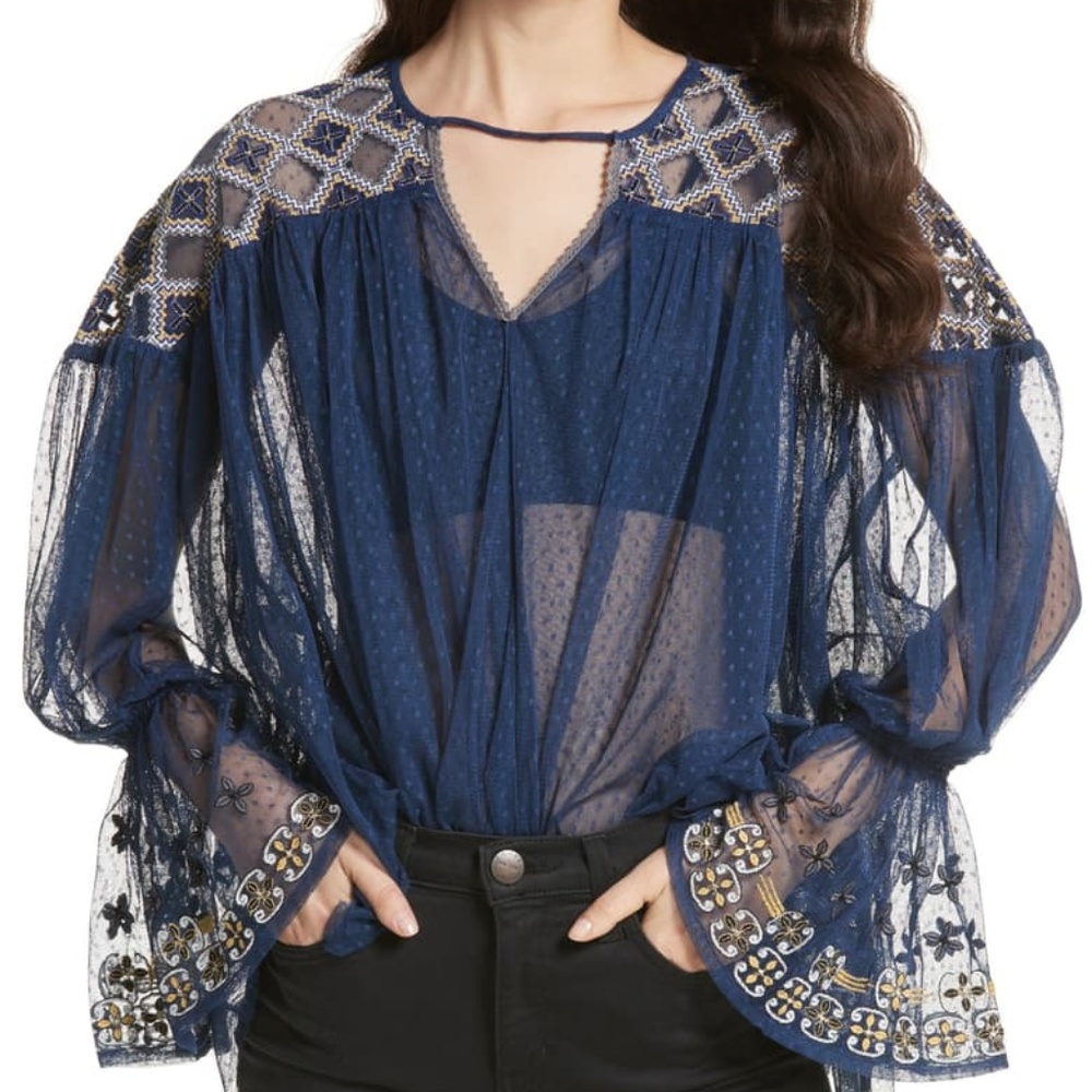 Free People Joyride Keyhole Neck Embellished Top L